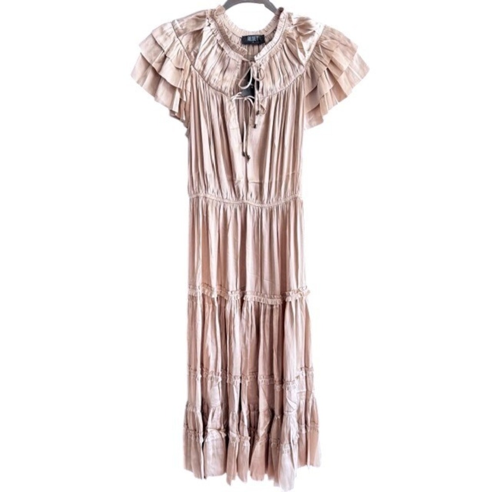 Reset by Jane Pink Champagne Ruffle Tiered Midi Dress Pleated Smocked Waist S